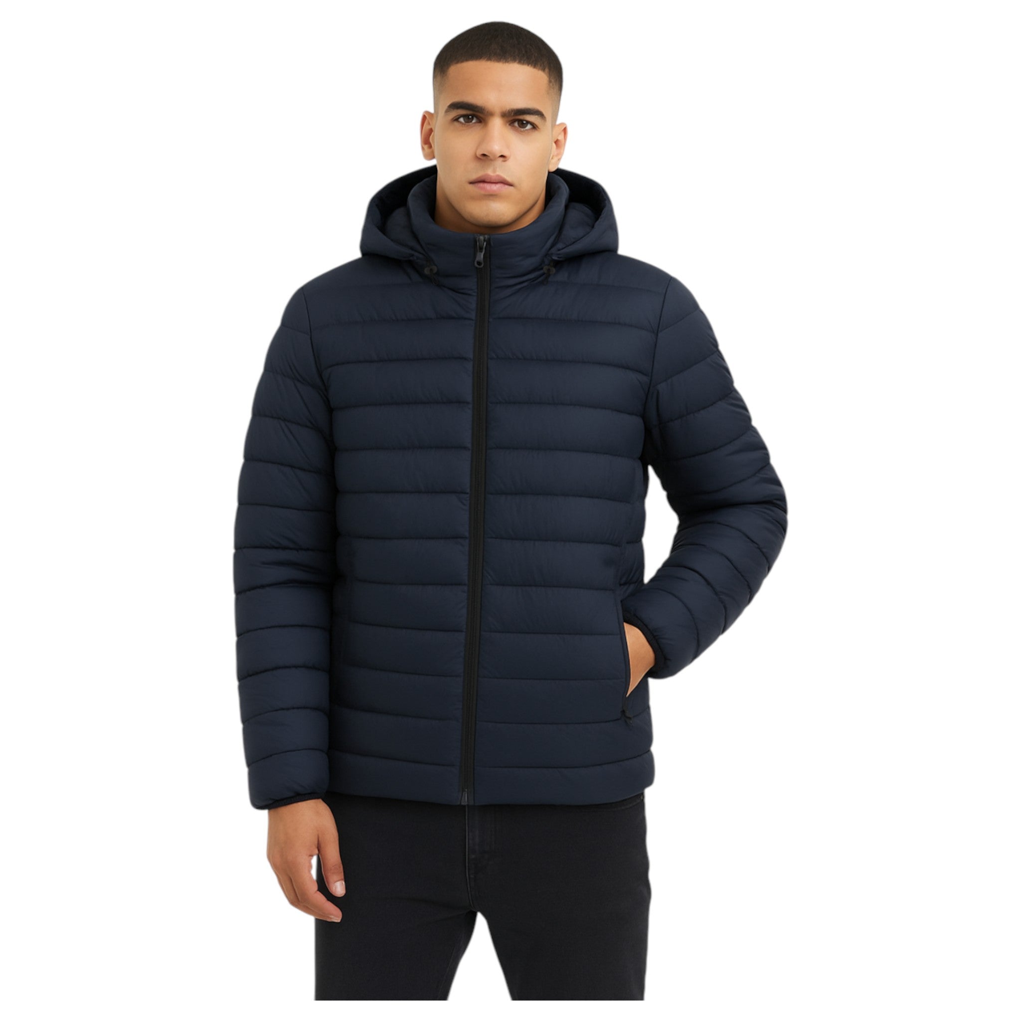 JDN men’s navy puffer coat with detachable hood and zip pockets UK winter jacket